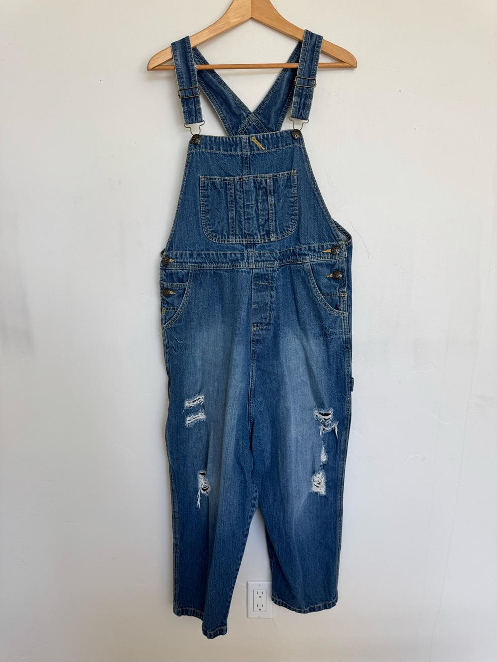 Mordenmiss Baggy Drop Crotch Distressed Denim Overalls